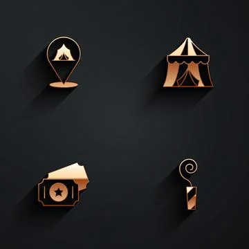 Set Circus tent, ticket and Birthday party horn icon with long shadow. Vector Stock Illustration