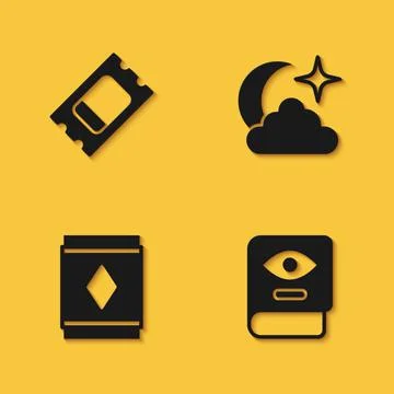 Set Circus ticket, Ancient magic book, Magic carpet and Moon and stars icon with Ilustração Stock