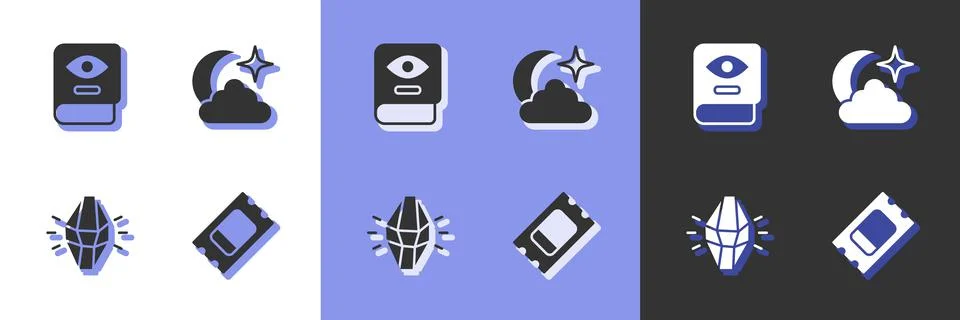 Set Circus ticket, Ancient magic book, Magic stone and Moon and stars icon. V Ilustração Stock