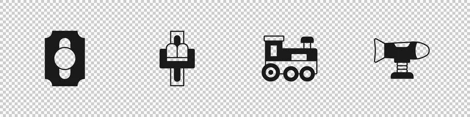 Set Circus ticket, Attraction carousel, Toy train and Swing plane icon. Vector Illustrazione stock