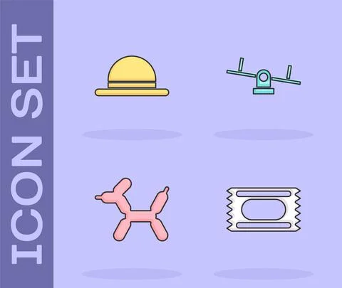 Set Circus ticket, Clown hat, Balloon dog and Seesaw icon. Vector Illustrazione stock