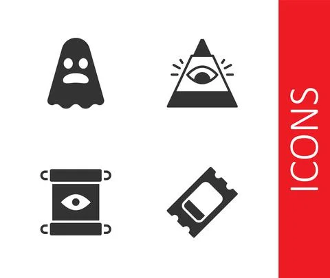 Set Circus ticket, Ghost, Magic scroll and All-seeing eye of God icon. Vector Ilustração Stock