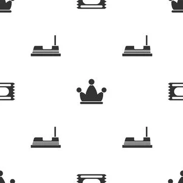 Set Circus ticket, Jester hat with bells and Bumper car on seamless pattern Stock Illustration