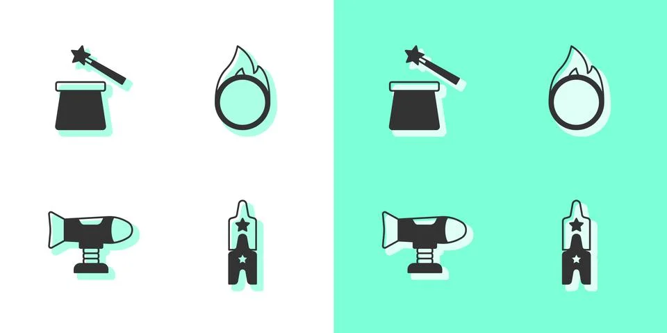 Set Circus ticket, Magic hat and wand, Swing plane and fire hoop icon. Vector Stock Illustration