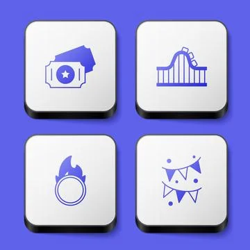 Set Circus ticket, Roller coaster, fire hoop and Carnival garland with flag.. Stock Illustration