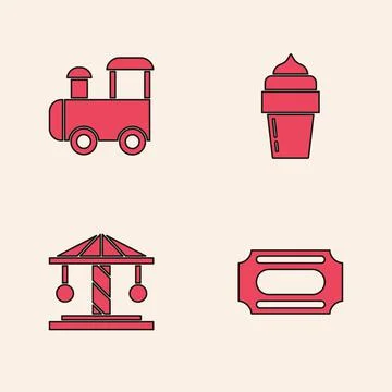 Set Circus ticket, Toy train, Ice cream and Attraction carousel icon. Vector Illustrazione stock