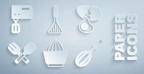 Set Citrus fruit juicer, Broken egg, Crossed fork and spoon, Kitchen whisk Stock Illustration
