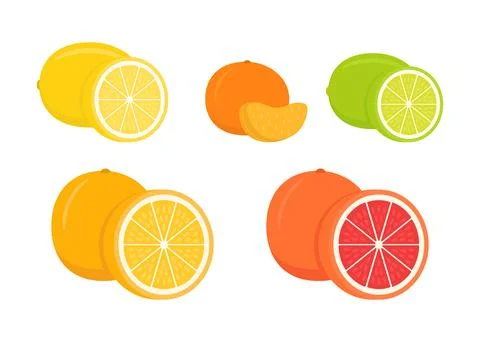Set of citrus lemon, mandarin, lime, orange, grapefruit - whole, cut half. Fr Stock Illustration
