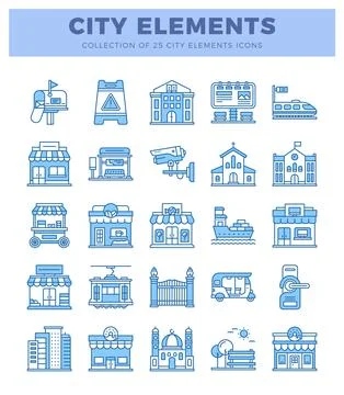 Set of city elements icons in blue line art on white background. various ci.. Illustrazione stock