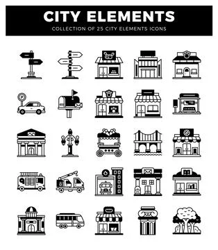 Set of city elements icons depicting buildings. vehicles. and street signs... Stock Illustration