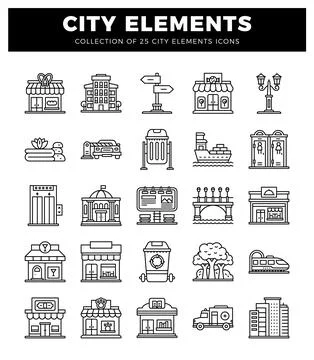 Set of city elements icons featuring shops and buildings in a clean line ar.. Illustrazione stock