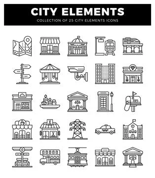 Set of city elements icons map. buildings. transportation. and services Stock Illustration