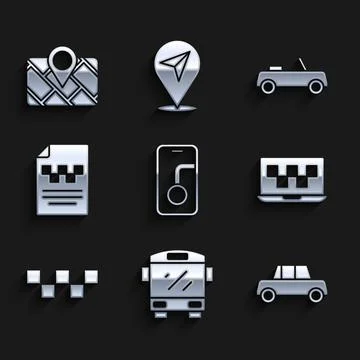 Set City map navigation, Bus, Car, Laptop call taxi service, Taxi car roof Stock Illustration