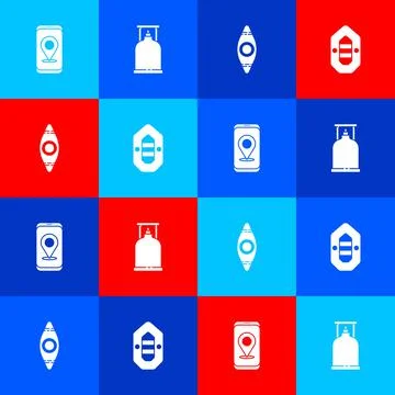 Set City map navigation, Camping gas stove, Kayak or canoe and Rafting boat icon Stock Illustration