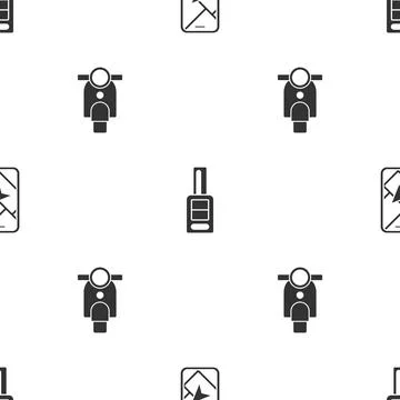 Set City map navigation, Car key with remote and Scooter on seamless pattern Illustrazione stock