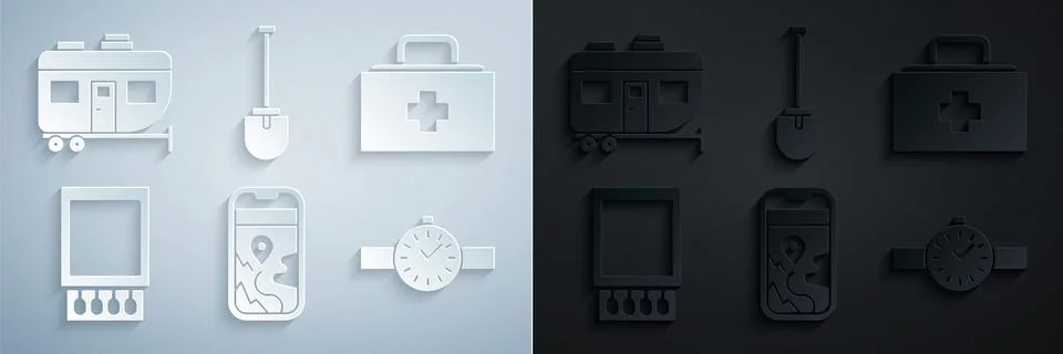 Set City map navigation, First aid kit, Open matchbox and matches, Wrist watch Illustrazione stock
