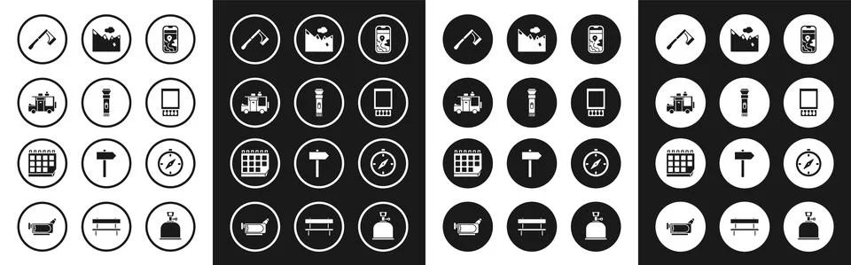 Set City map navigation, Flashlight, Rv Camping trailer, Wooden axe, Open Ilustración de archivo