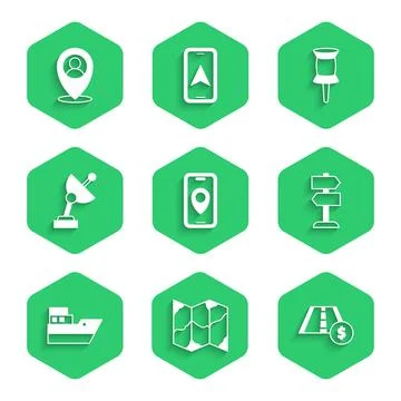 Set City map navigation, Folded, Toll road traffic sign, Road, Ship line path イラスト素材