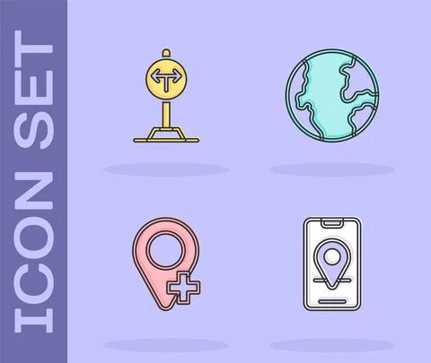 Set City map navigation, Fork in the road, Location and Earth globe icon. Vector Stock Illustration