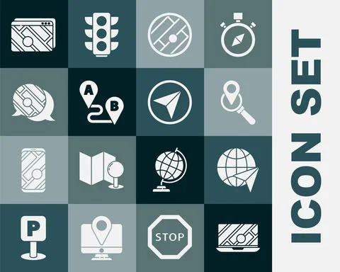 Set City map navigation, Globe with flying plane, Search location, Folded, Route Illustrazione stock