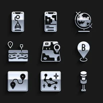 Set City map navigation, Great Bear constellation, Push pin, Location, Route Stock Illustration