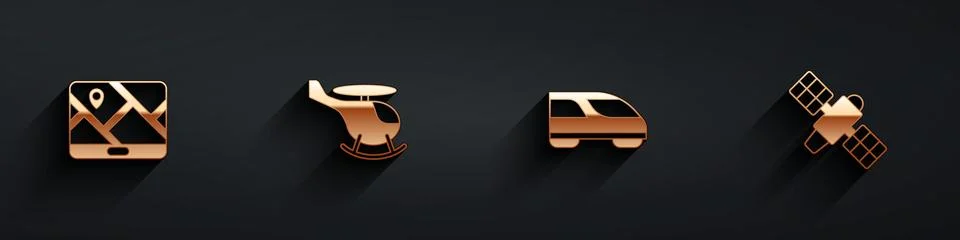 Set City map navigation, Helicopter, High-speed train and Satellite icon with Stock Illustration