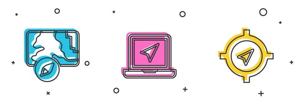 Set City map navigation, Laptop with location marker and Compass icon. Vector 스톡 일러스트