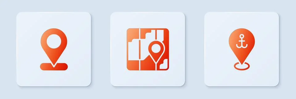 Set City map navigation, Location and with anchor. White square button. Vector Stock Illustration