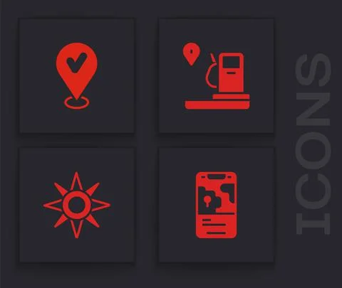 Set City map navigation, Location with check mark, and gas station and Wind rose Stock Illustration