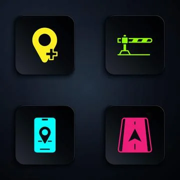 Set City map navigation, Location, and Parking car barrier. Black square button 스톡 일러스트