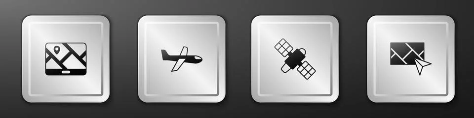 Set City map navigation, Plane, Satellite and icon. Silver square button. Vector Illustrazione stock