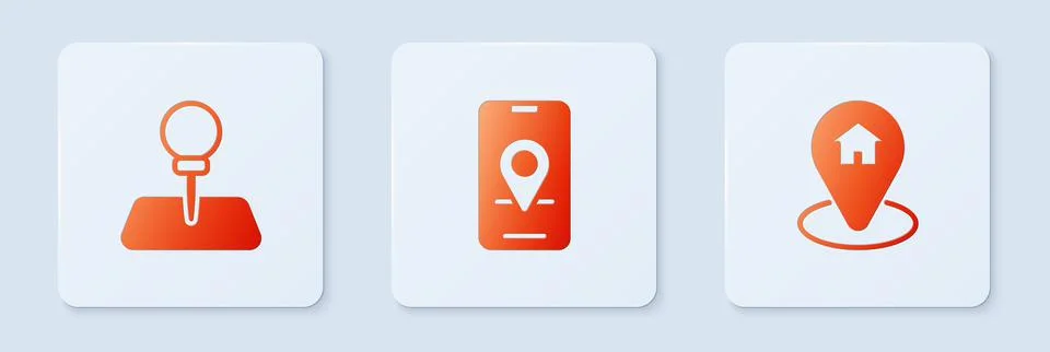 Set City map navigation, Push pin and Location with house. White square button Stockillustratie