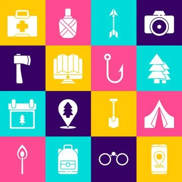 Set City map navigation, Tourist tent, Tree, Hipster arrow, Location of the Stock Illustration