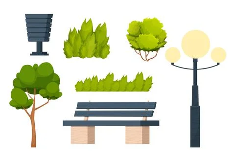 Set city park elements bench, grass, bush and tree, trash can and lantern in Ilustração Stock