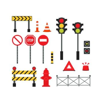 Set of city road elements. Traffic light and signs Stock Illustration