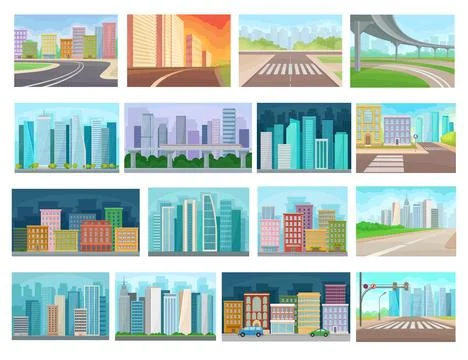 Set of city streets with modern city buildings and roads, crosswalk and traffic Stock Illustration