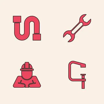 Set Clamp and screw tool, Industry pipe, Wrench spanner and Builder icon. Vector Stock Illustration
