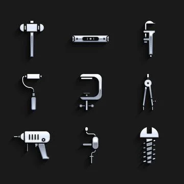 Set Clamp and screw tool, Hand drill, Metallic, Drawing compass, Electric Illustration