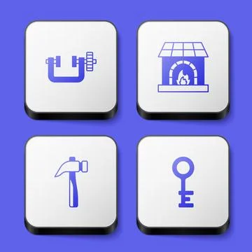 Set Clamp and screw tool, Blacksmith oven, Hammer and Old key icon. White square Ilustração Stock