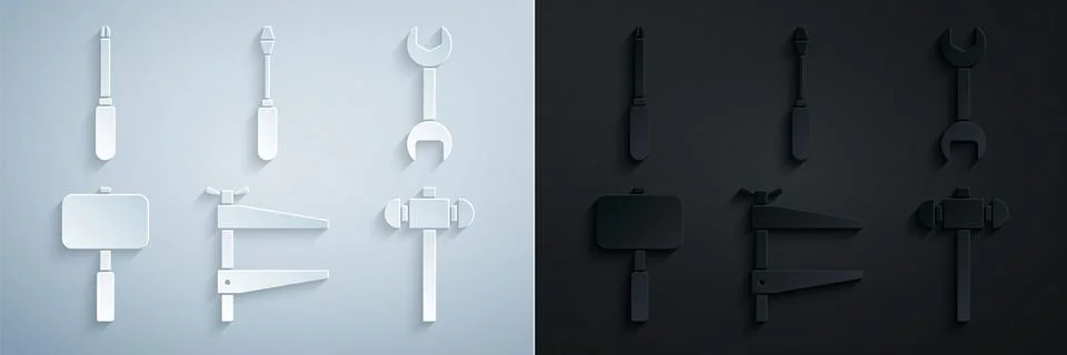 Set Clamp tool, Wrench spanner, Sledgehammer, Screwdriver and icon. Vector イラスト素材