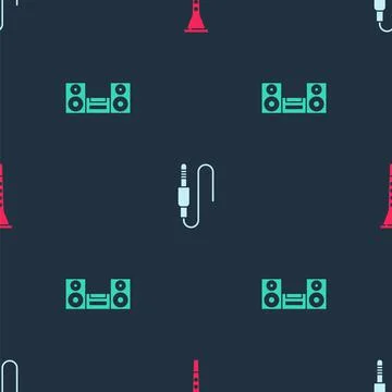 Set Clarinet, Audio jack and Home stereo on seamless pattern. Vector Stock Illustration
