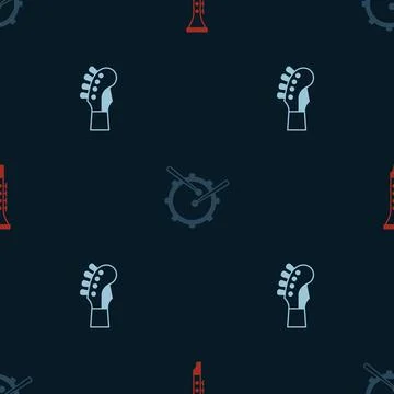 Set Clarinet, Drum with drum sticks and Guitar neck on seamless pattern. Vector Stock Illustration