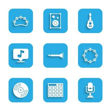 Set Clarinet, Drum machine, Microphone, Tambourine, Vinyl disk, Musical note Illustrazione stock