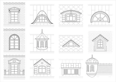 Set classic attic windows for facade Stock Illustration