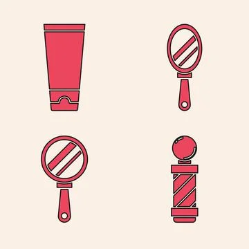 Set Classic Barber shop pole, Cream or lotion cosmetic tube, Hand mirror and Illustration