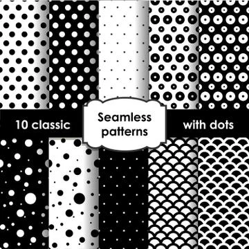 Set of classic black seamless patterns with dots Stock Illustration