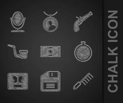 Set Classic carpet, Floppy disk, Hairbrush, Pocket watch, Butterfly in fram.. Illustrazione stock