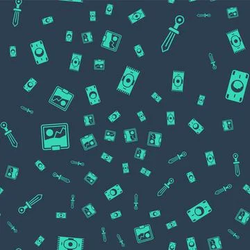 Set Classic carpet, Medieval sword, Picture and Stacks paper money cash on Stock Illustration