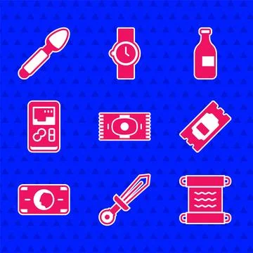 Set Classic carpet, Medieval sword, Papyrus scroll, Cinema ticket, Stacks p.. Stock Illustration