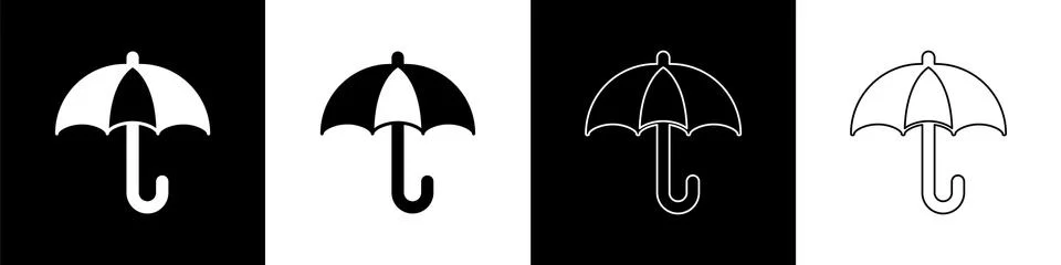 Set Classic elegant opened umbrella icon isolated on black and white background Illustrazione stock